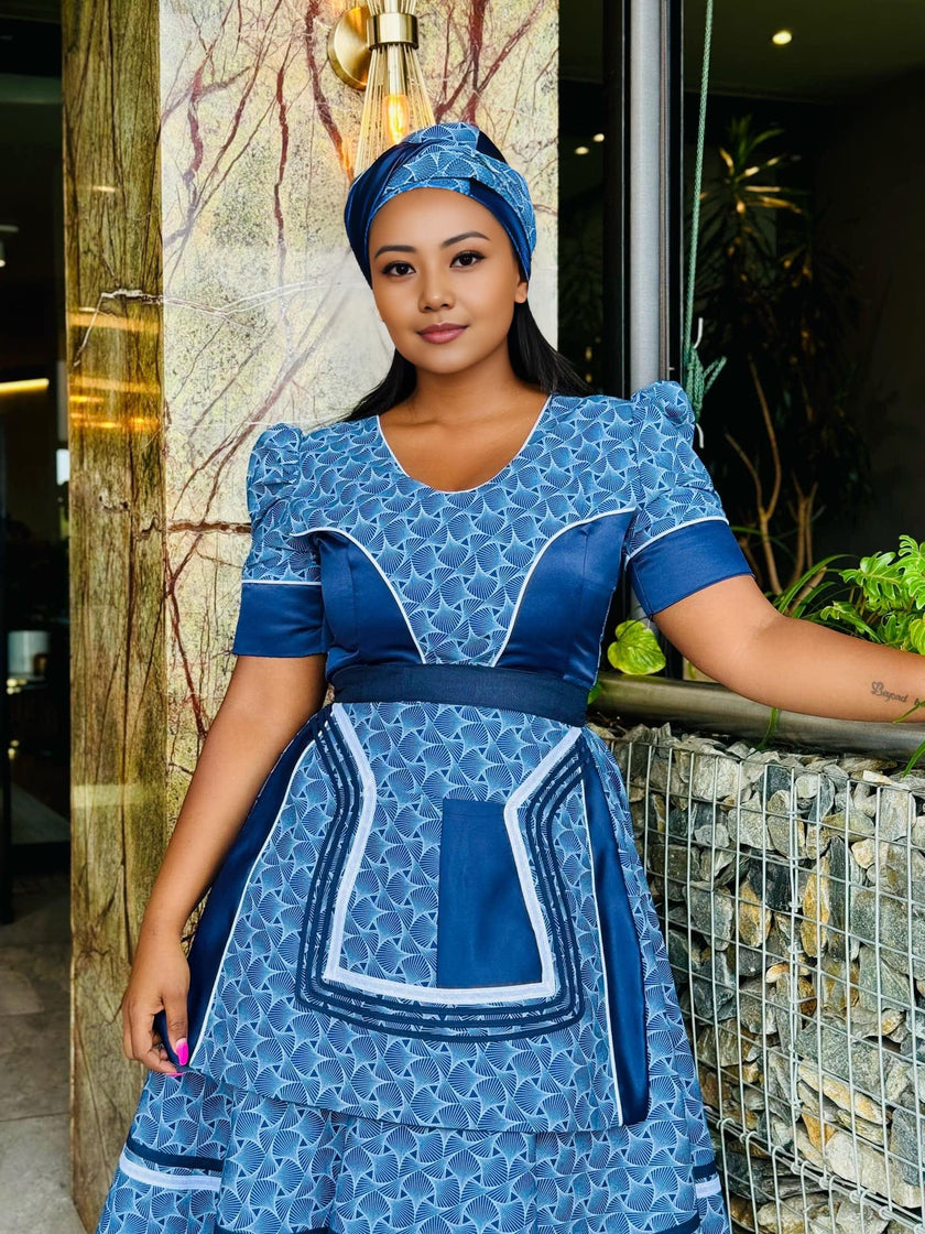 African Puff Sleeve Flare Dress with Geometric Paneling and Structured Silhouette