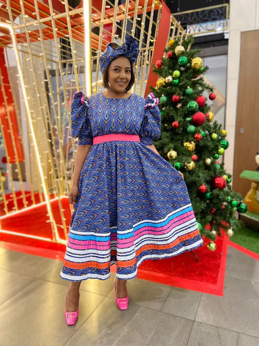 A-Line Dress with Wave-Inspired Print and Striped Hem Detail