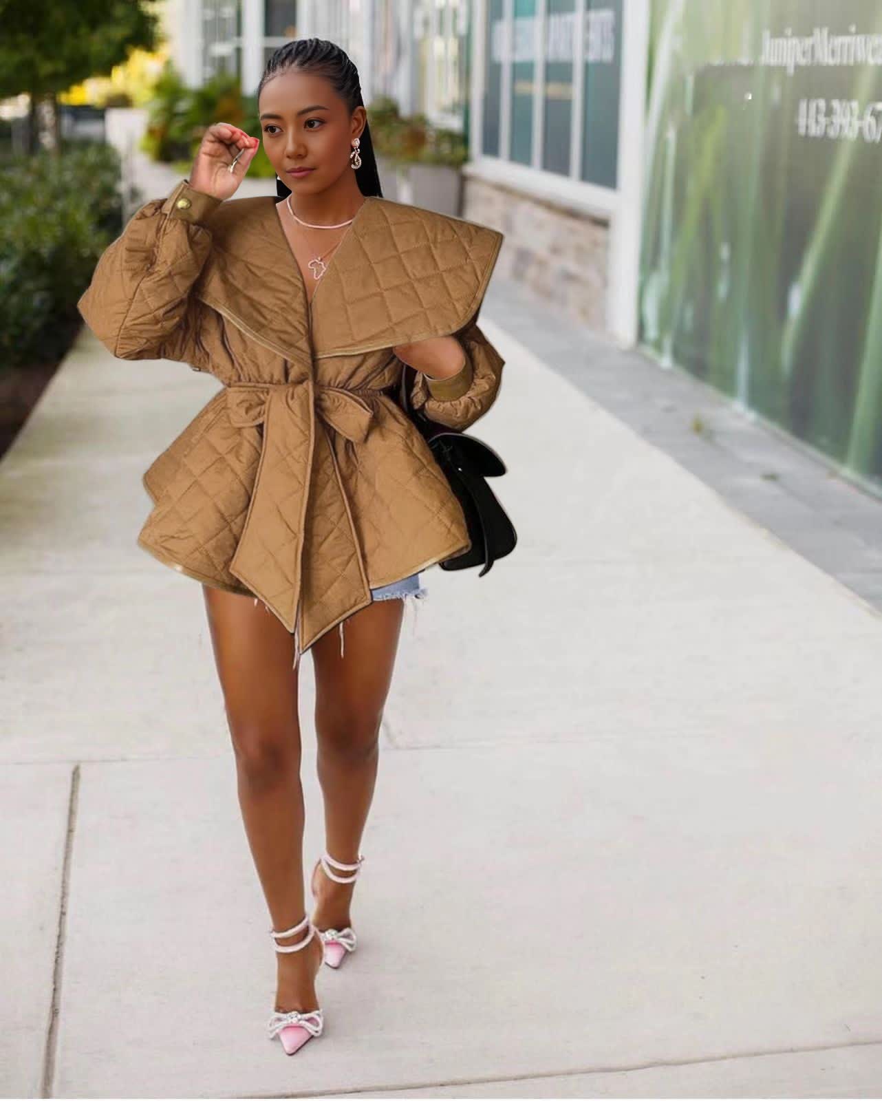 Coat Puffy Sleeve Belted Chic Casual Outerwear