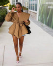 Khaki quilted puff sleeve belted coat with wide collar