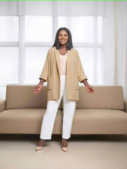 Khaki midi coat jacket with open front, long sleeves, and side pockets