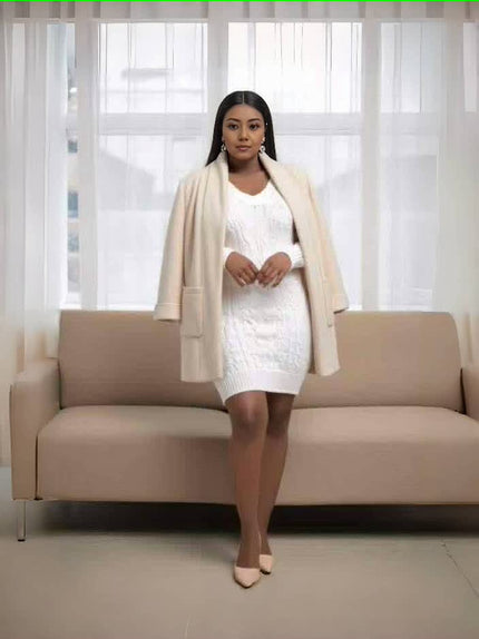 Beige midi coat jacket with open front, long sleeves, and flap side pockets