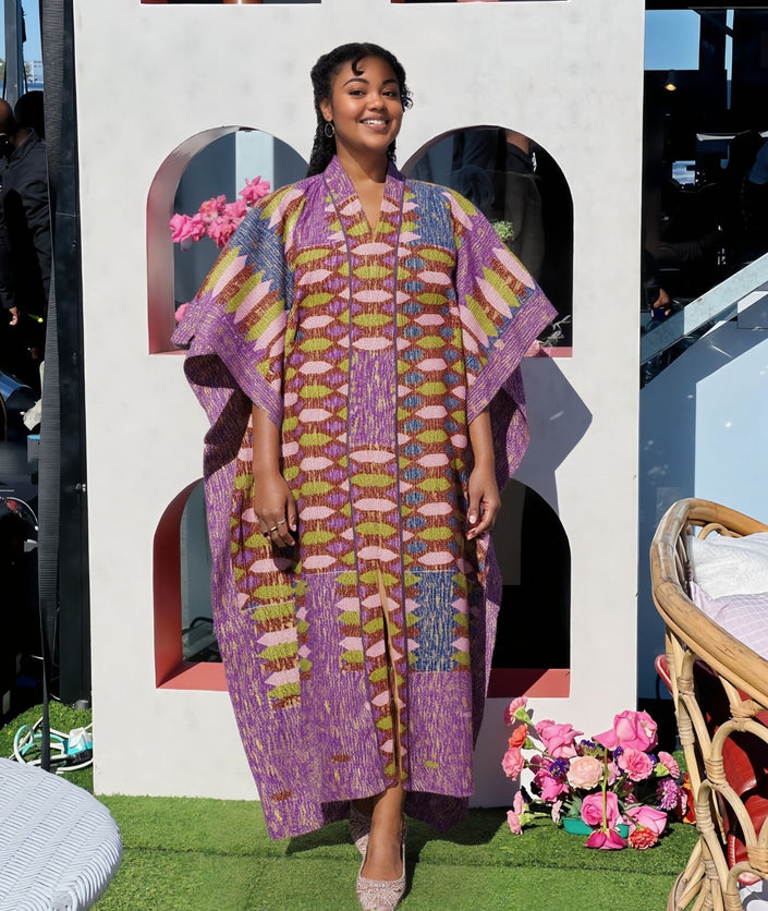 Geometric wide-sleeve robe dress in purple with yellow pattern and long front panel