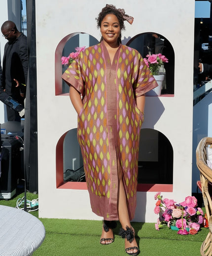 Diamond-pattern flared-sleeve maxi dress with front slit, V-neck, multicolor