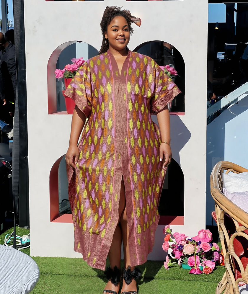 Traditional Diamond Pattern Long Robe with Flared Sleeves