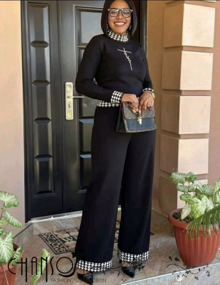 Houndstooth-trim knit twin set, black long-sleeve top and wide-leg pants