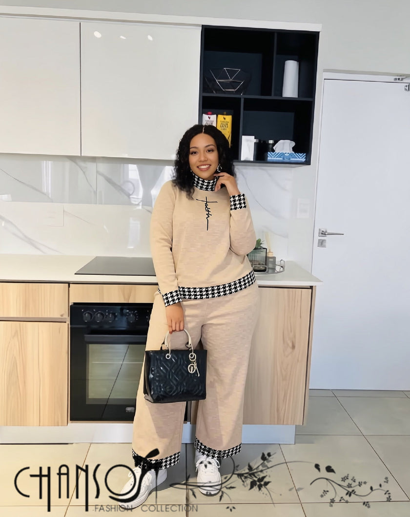 Nude knit twin set with houndstooth trim, long sleeves and matching wide-leg pants