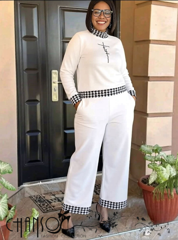 Houndstooth-trim knit twin set, white long-sleeve top and wide-leg pants