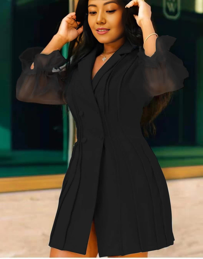 Short-Sleeve Pleated Dress with Sheer Sleeves and Ruffle Shoulder Detail