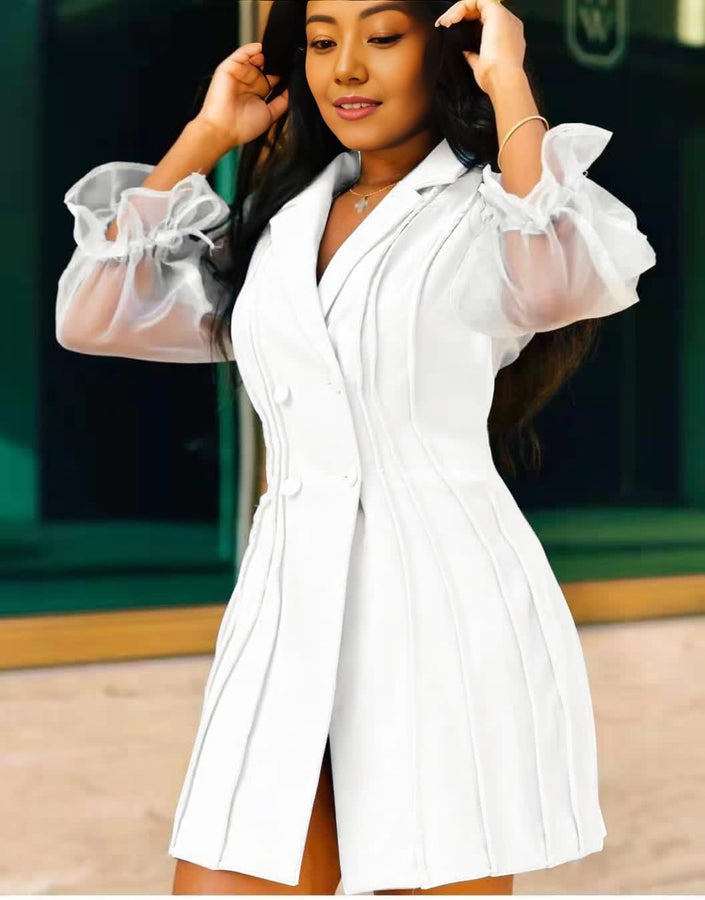 White ruffle-pleated mini dress with sheer puff sleeves and V-neck button front
