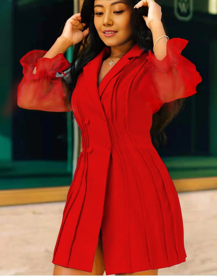Red ruffle-pleated mini dress with sheer puff sleeves and V-neck button front