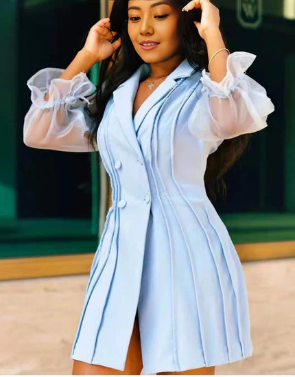 Turquoise ruffle-pleated mini dress with sheer puff sleeves and V-neck button front