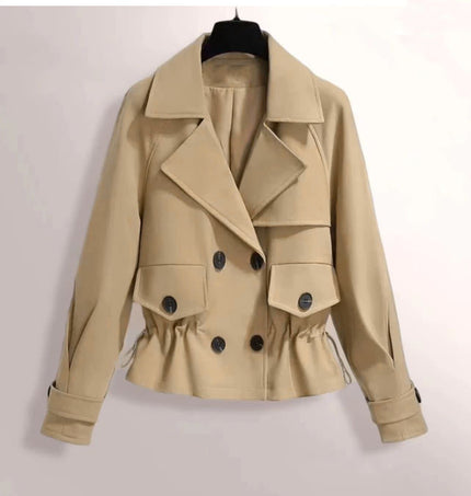 Beige double-breasted cropped jacket with notched lapels, button front, gathered hem