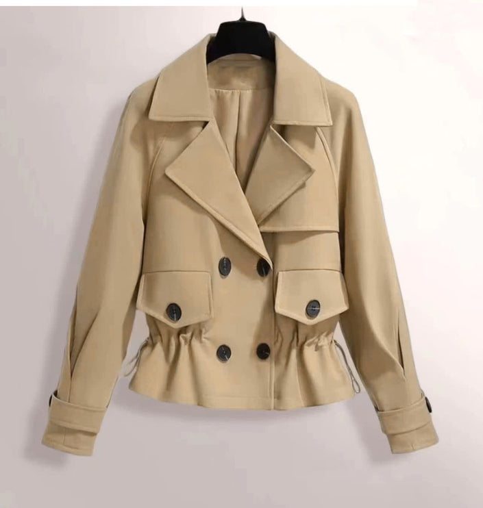 Beige double-breasted cropped jacket with notched lapels, button front, gathered hem