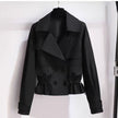 Black double-breasted cropped jacket with notched lapels and button front