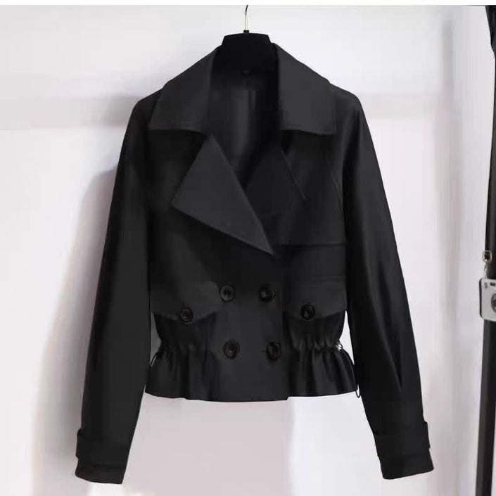 Black double-breasted cropped jacket with notched lapels and button front