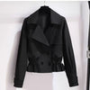 Black double-breasted cropped jacket with notched lapels and button front