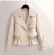 White double-breasted cropped jacket with notched lapels, button front, drawstring hem