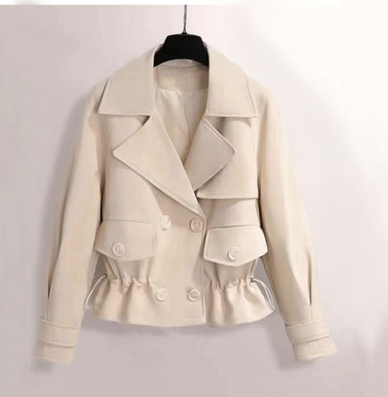 White double-breasted cropped jacket with notched lapels, button front, drawstring hem
