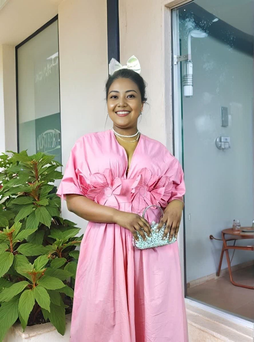 Short-Sleeve Floral Adorned V-Neck Dress