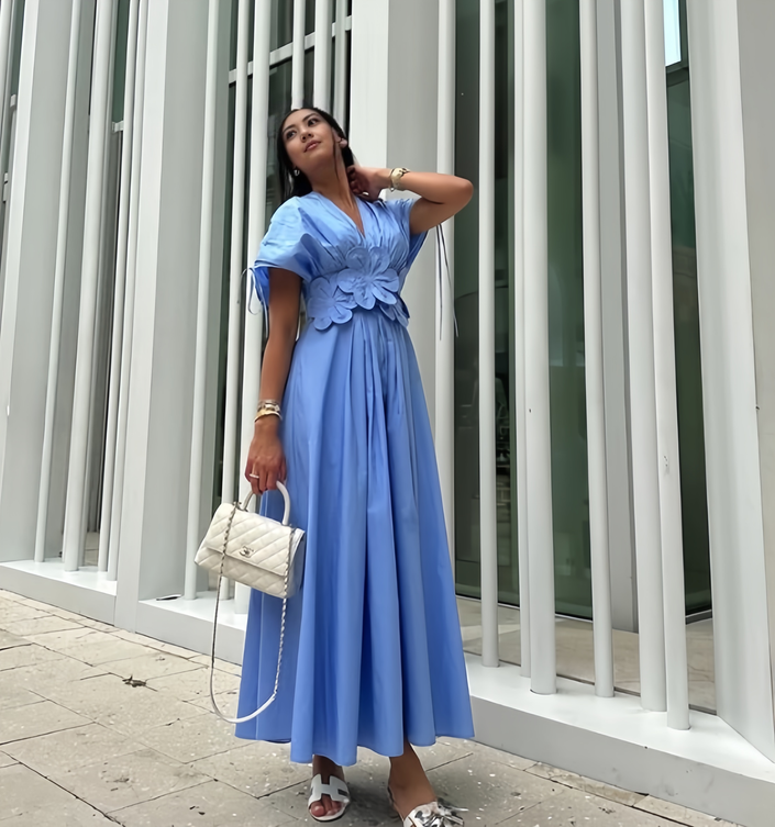 Short-Sleeve Floral Adorned V-Neck Dress