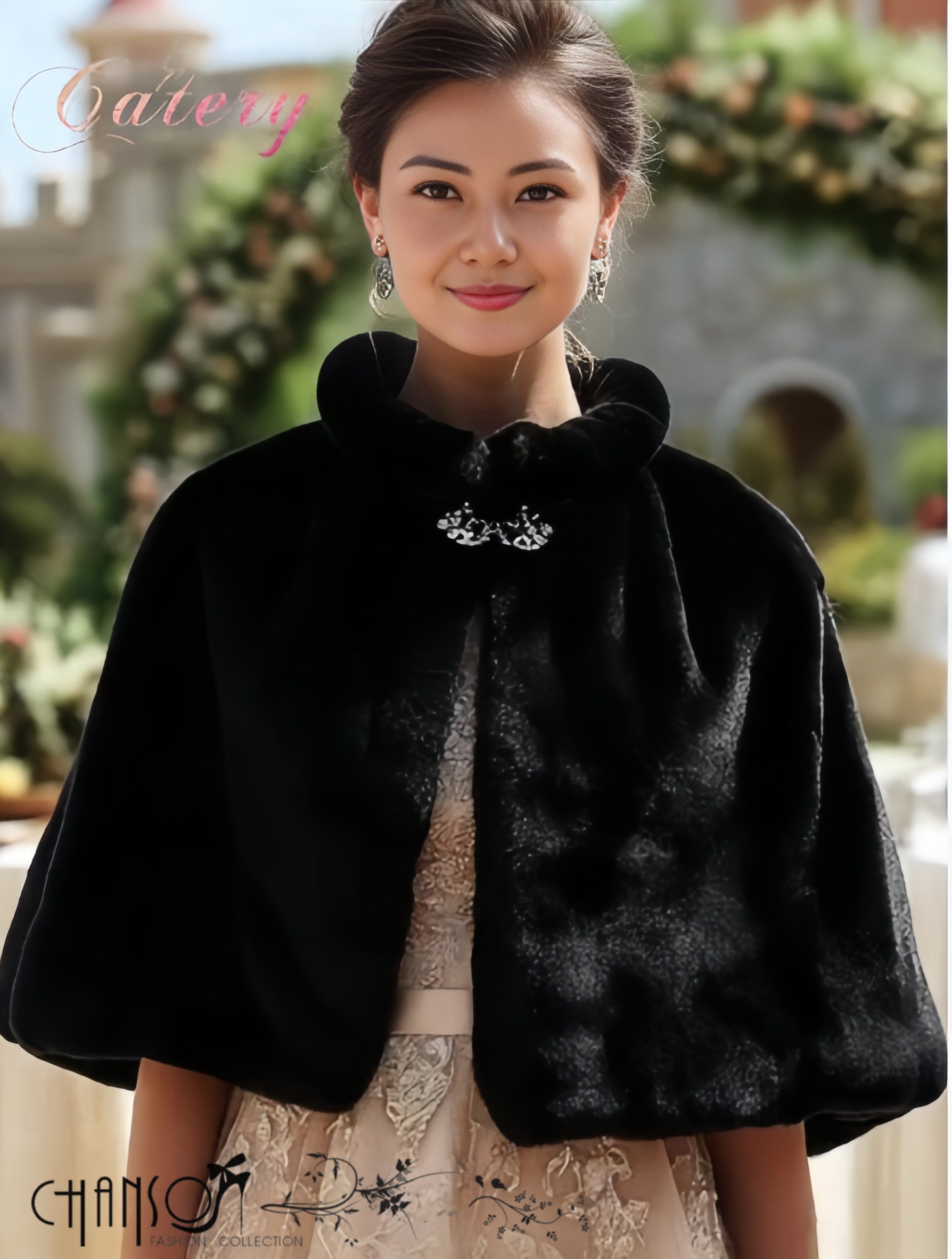 Black faux fur capelet with rounded collar and jeweled brooch front
