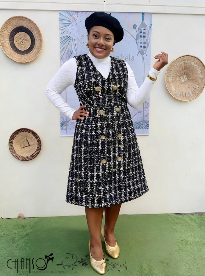 FashionPrice Plaid Double Breasted Midi Dress - Vintage Style