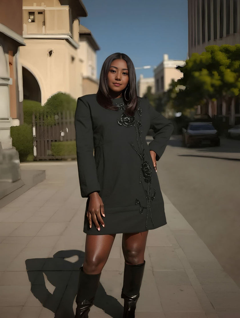 Embroidered Floral Dress  Long Sleeve Chic