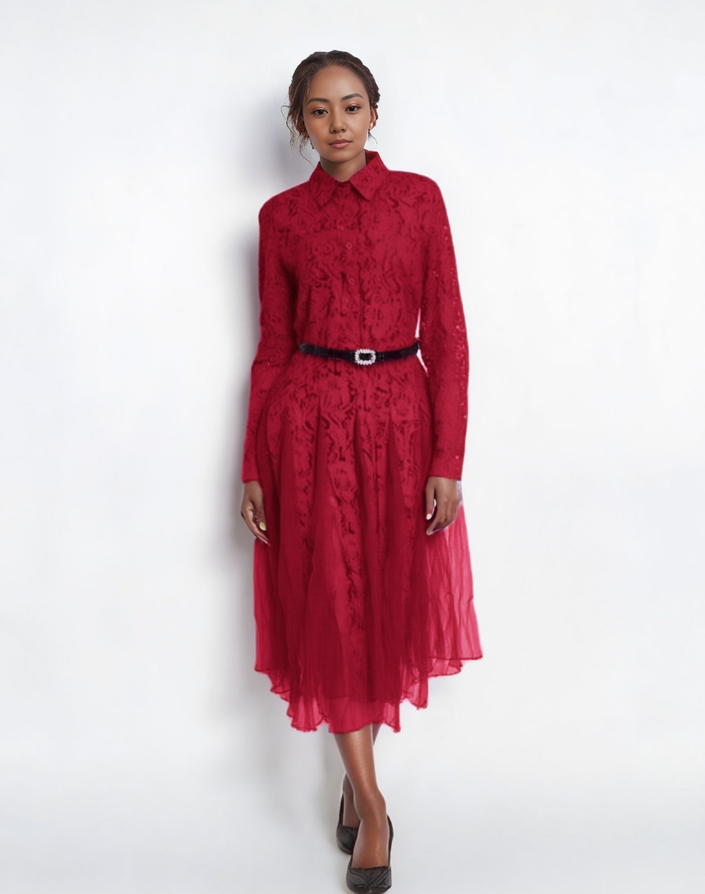 Red belted lace midi dress with long sleeves and flared tulle skirt