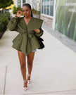 Green quilted puff sleeve belted coat with wide collar