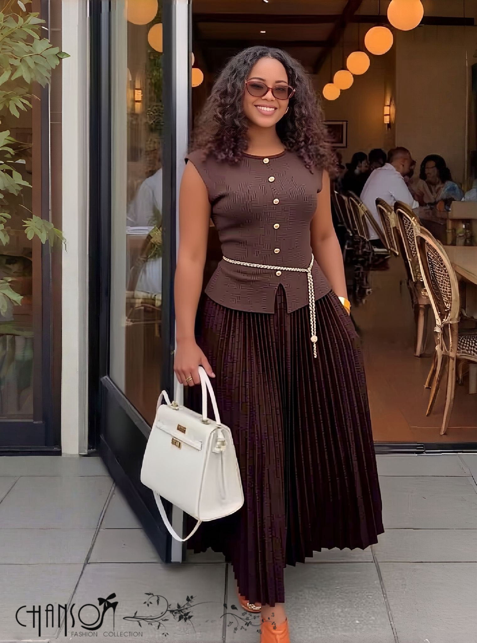 Brown pleated knit midi dress with button front and side slit