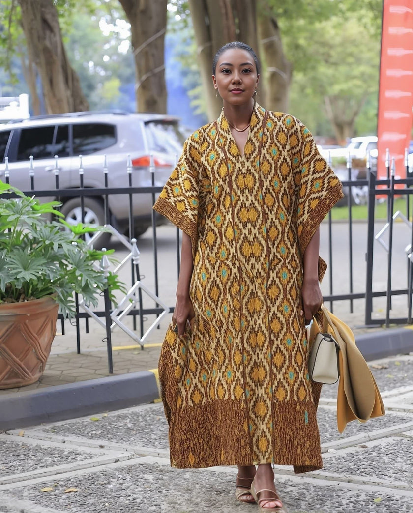 Geometric Print Maxi Kaftan Dress – Wide Sleeve Ethnic Style Robe for Women