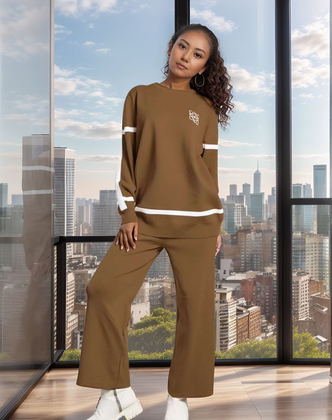 Brown knit twin set: crew sweater and wide-leg pants with cream stripe cuffs