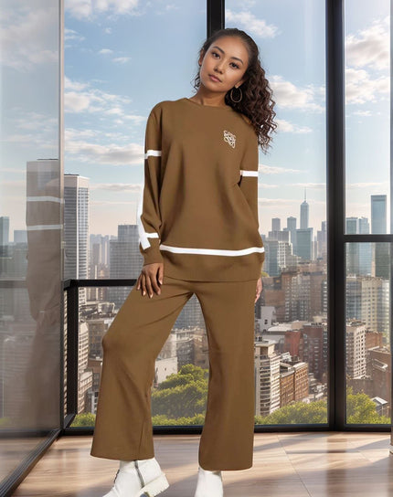 Brown knit twin set: crew sweater and wide-leg pants with cream stripe cuffs