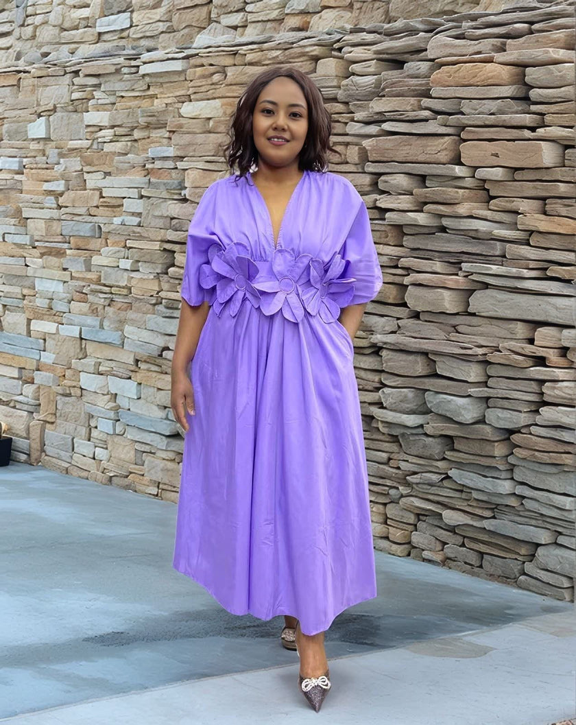 Short-Sleeve Floral Adorned V-Neck Dress