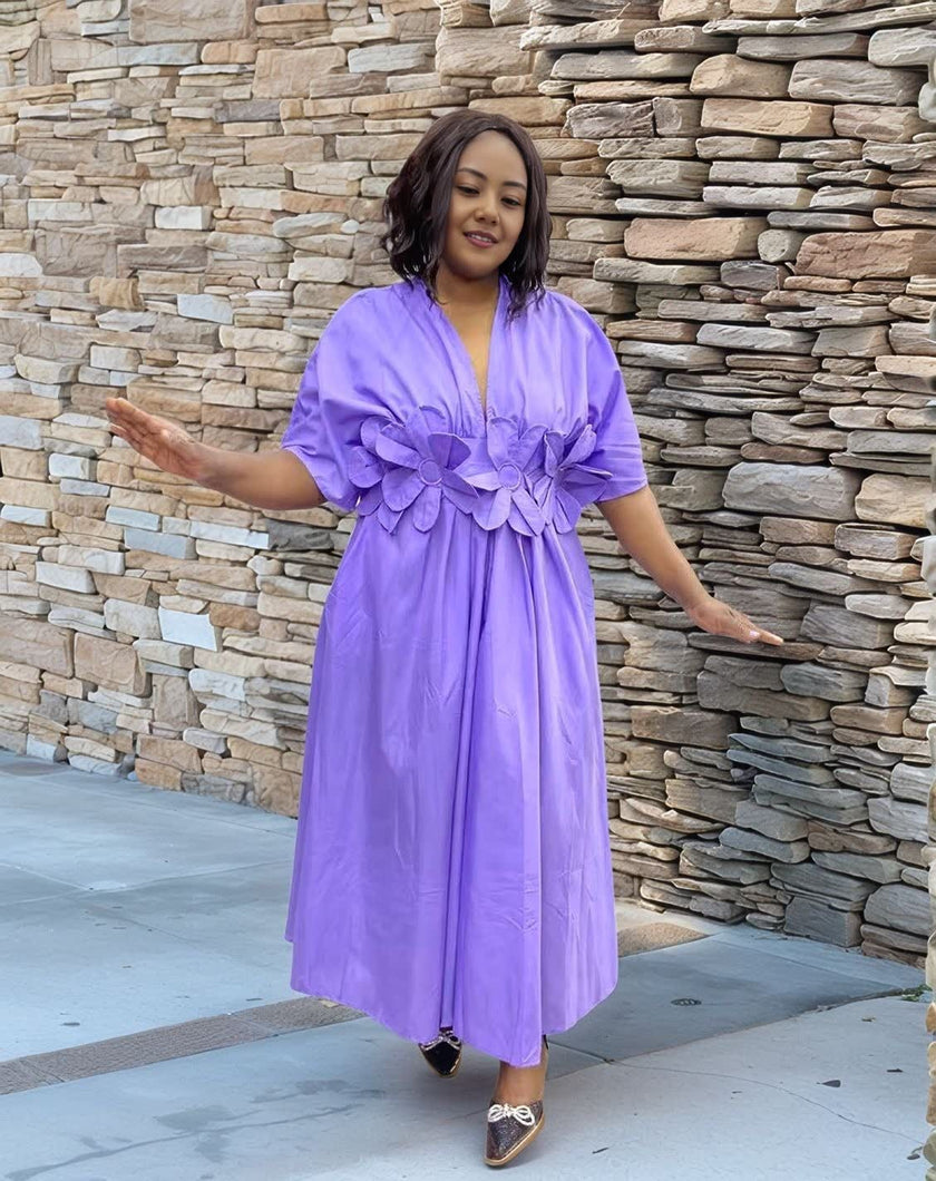 Short-Sleeve Floral Adorned V-Neck Dress