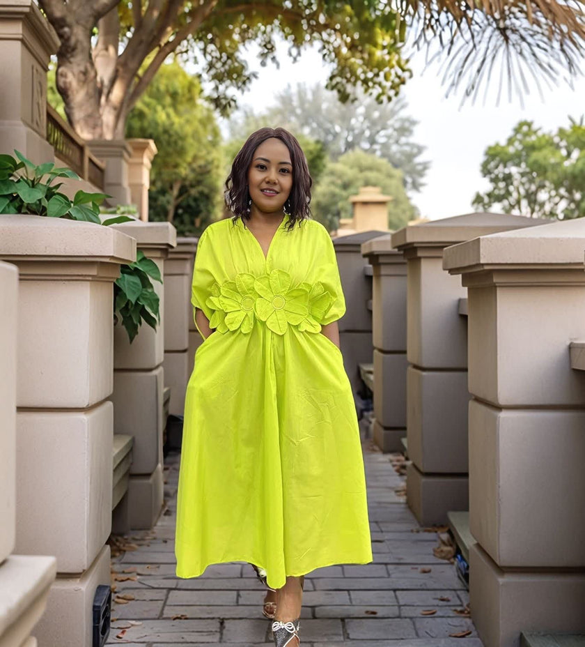 Short-Sleeve Floral Adorned V-Neck Dress