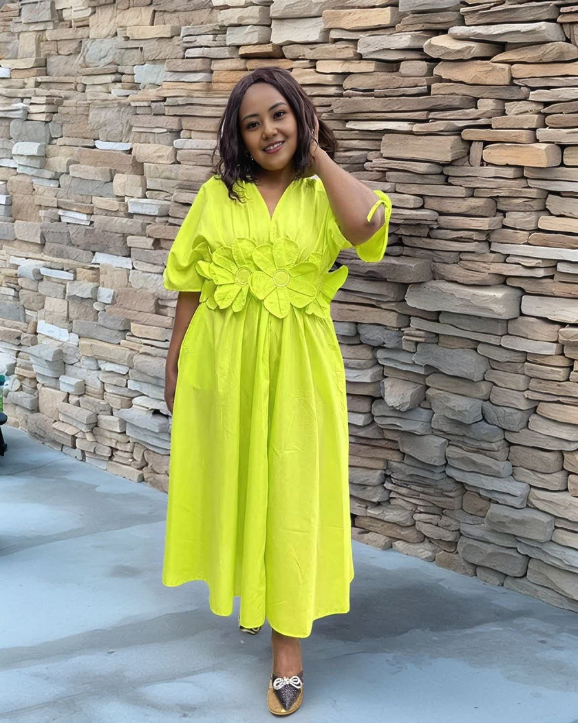 Short-Sleeve Floral Adorned V-Neck Dress