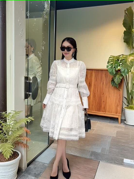 FashionPrice Layered Lace Mini Dress - Belted Puff Sleeve