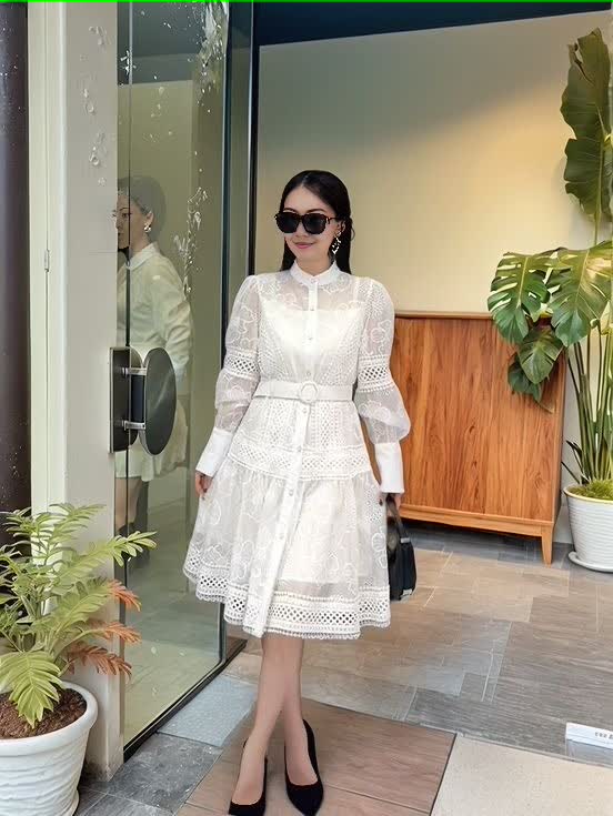 Lace Long Sleeve Dress - Belted Accent, Floral Pattern, Layered Design