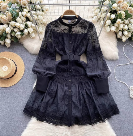 FashionPrice Layered Lace Mini Dress - Belted Puff Sleeve