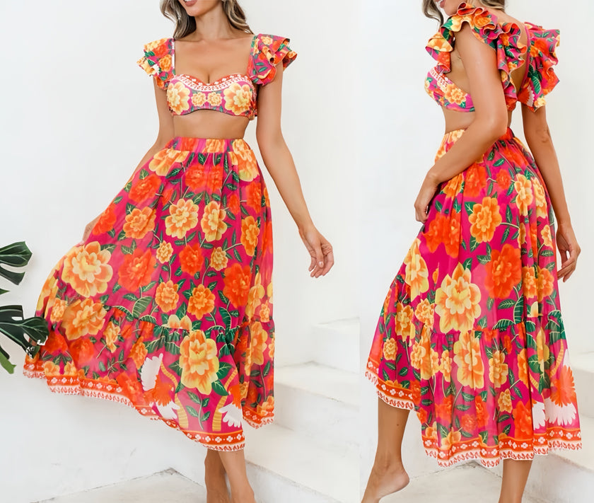 Tropical Bloom Off-Shoulder Ruffle Dress