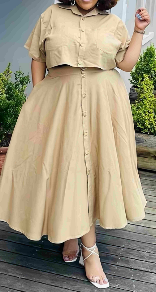Beige midi button-up shirt dress with flared skirt, short sleeves, collar