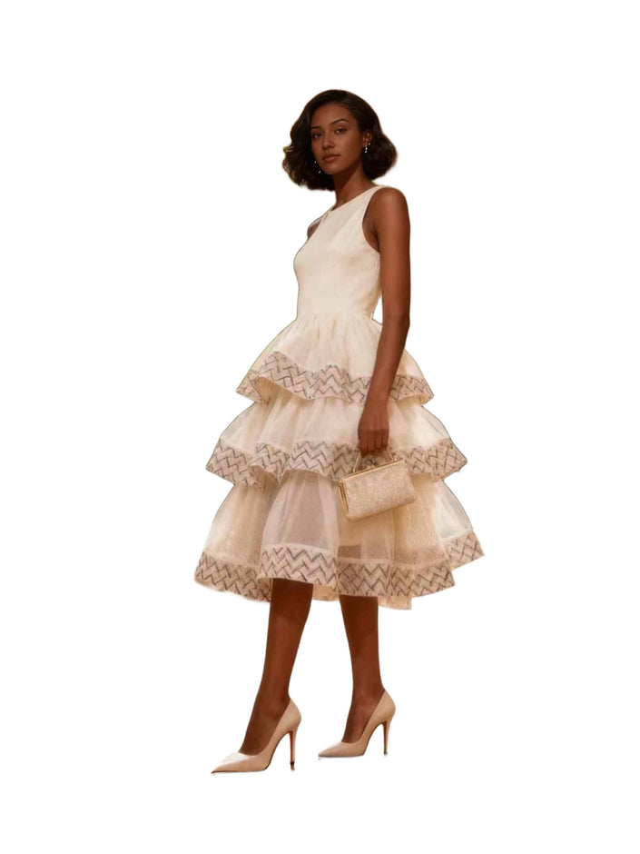 Cream sleeveless tiered midi dress with zigzag ruffle layers