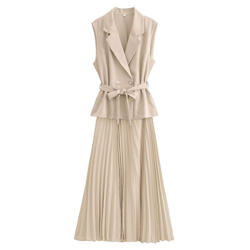 Two-piece Sleeveless Blazer and Pleated Skirt Set with Waist Belt