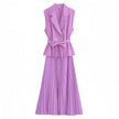 Two-piece Sleeveless Blazer and Pleated Skirt Set with Waist Belt