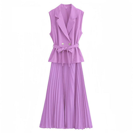 Light-purple sleeveless belted blazer with pleated midi skirt