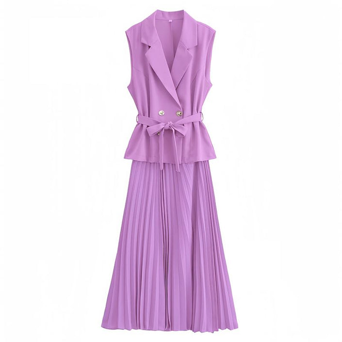 Light-purple sleeveless belted blazer with pleated midi skirt