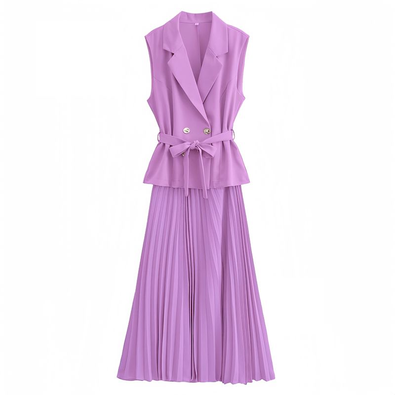Light-purple sleeveless belted blazer with pleated midi skirt