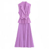 Two-piece Sleeveless Blazer and Pleated Skirt Set with Waist Belt